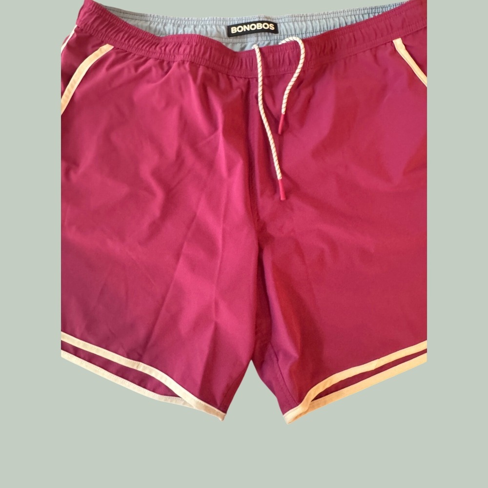 Bonobos Mens Swim Trunks Magenta Pink White‎ Piping Drawstring Mesh Lining L